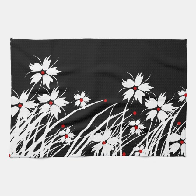Serviettes de cuisine Floral Rouge Noir Blanc DÉCO (Horizontal)