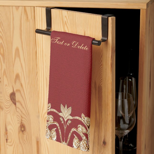 Serviettes de cuisine florales rouges or modernes (Pliage en tiers)