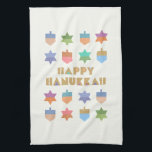 Serviettes de cuisine Hanoukka<br><div class="desc">Un design Hanoukka amusant et festif avec des rêves et des étoiles colorés. Un design moderne,  non traditionnel,  et motif avec des dreidels stylisés et des formes géométriques Star of David.</div>