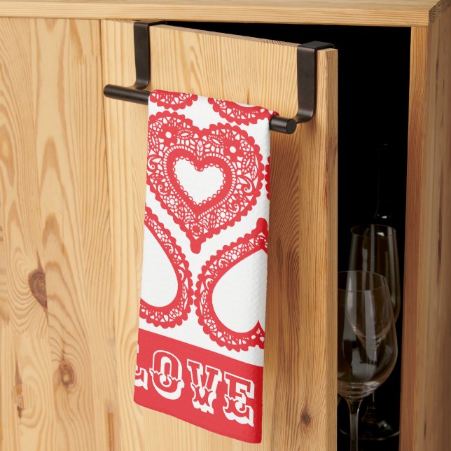 Serviettes de cuisine Red Lace Heart (Pliage en tiers)