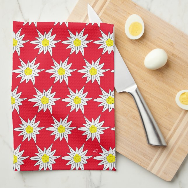 Serviettes de cuisine rouge Motif Edelweiss (Quart Plié)