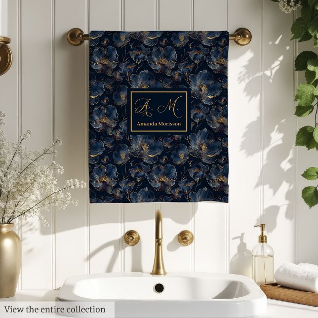 Serviettes de Navy personnalisées Chic Fleur Cadea (Personalized Navy Towels Chic Gold Flower Gift)