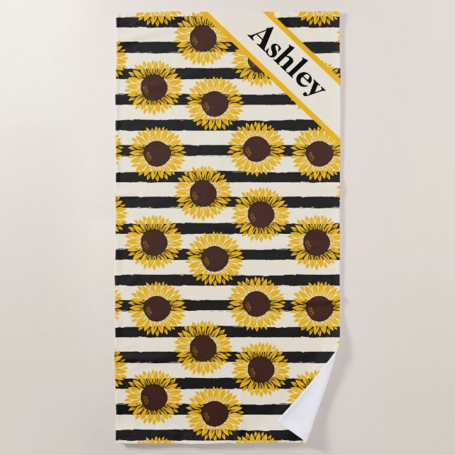 Serviettes de plage de Sunflowers et Black Stripes (Devant)
