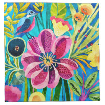 Aquarelle Funky Bird Flowers Motif