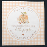 Serviettes De Table Peach En vichy Fall Fête Notre Petit Citrouille<br><div class="desc">Ces serviettes présentent un design en vichy intemporel avec un cap de calligraphie et un citrouille illustré à la main. L'en-tête de script est une image qui ne peut pas être modifiée. Tous les autres textes sont entièrement modifiables. Pour une personnalisation plus avancée de cette conception, il suffit de cliquer...</div>