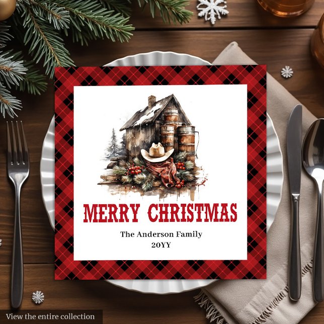 Serviettes en papier à carreaux de Noël Western Cl (Classic Western Christmas Plaid Paper Napkins)