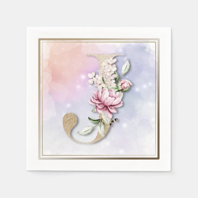 Serviettes en papier à monogramme J et fleurs bord (Devant)
