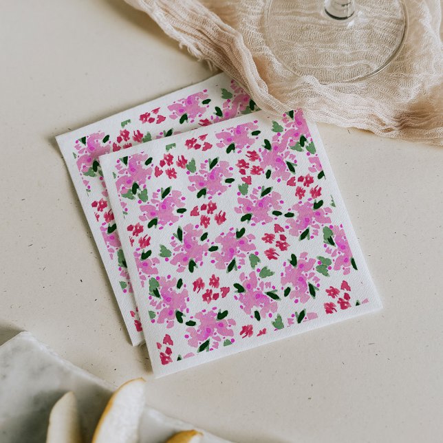 Serviettes en papier à motif floral aquarelle fuch (Fuchsia pink watercolor floral garden paper party napkins.)
