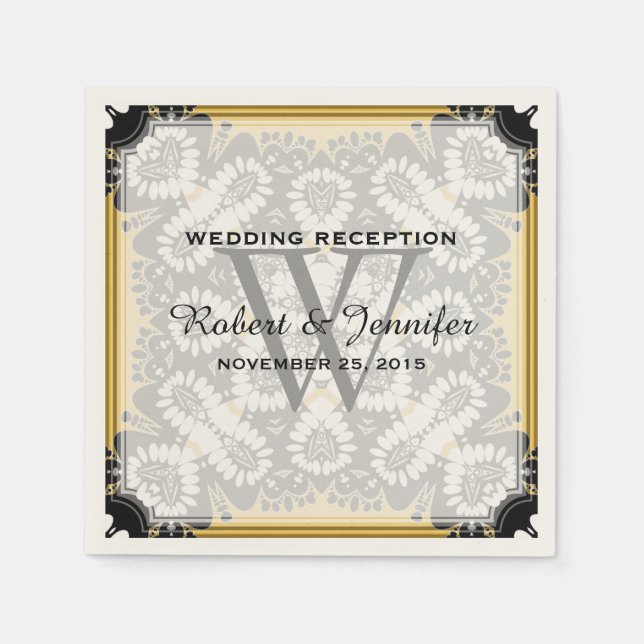 Serviettes en papier amant tribal noir et moutarde (Devant)