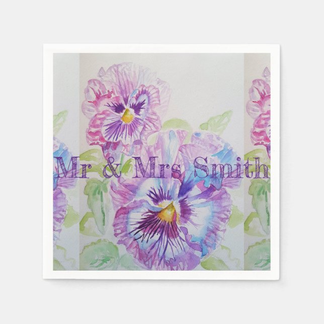 Serviettes en papier aquarelle Violet Pansy Shabby (Devant)