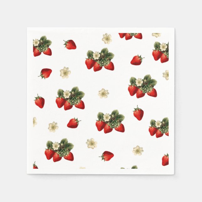 Serviettes en papier aux fraises avec fleurs sur f (Devant)