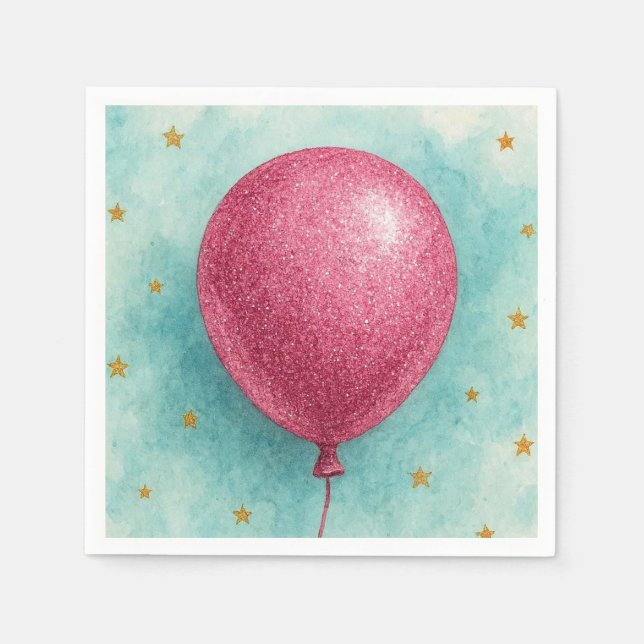 Serviettes en papier ballon pailleté rose. (Devant)