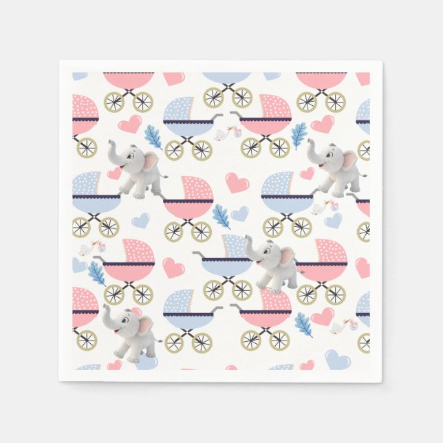 Serviettes en papier Bébé éléphant cigogne pousset (Devant)