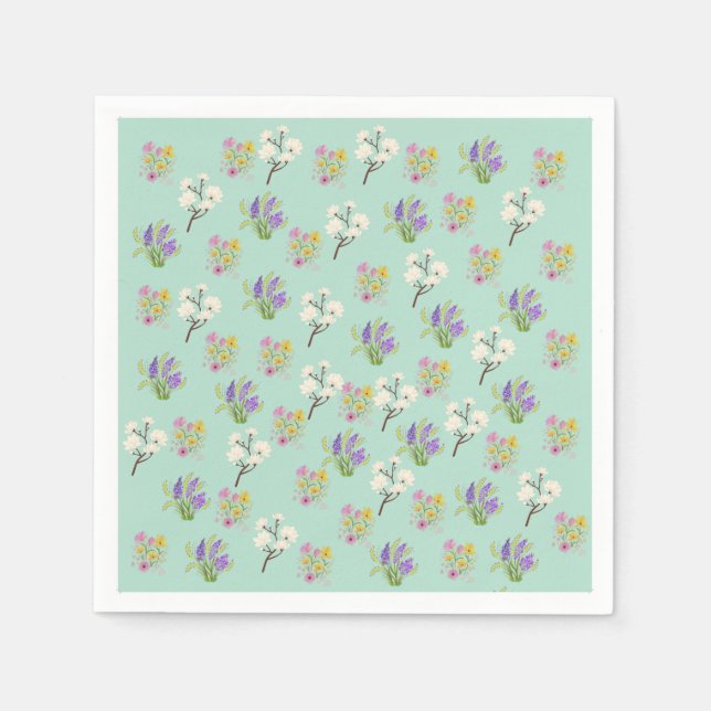 Serviettes en papier bleu-vert clair à bouquets fl (Devant)