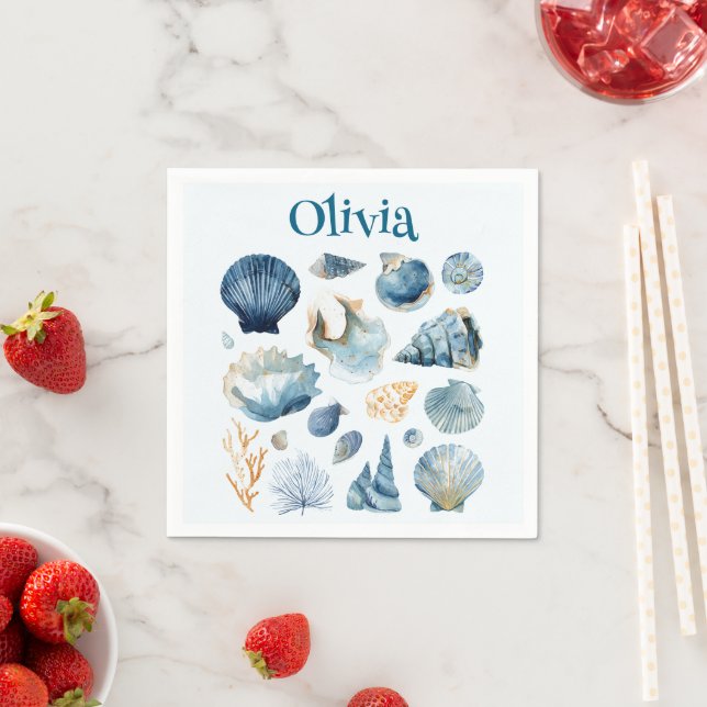 Serviettes en papier Coquillage Bleu | Nom personn (En situation)