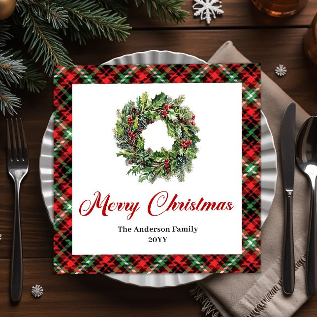 Serviettes en papier Couronne de Noël traditionnel (Traditional Christmas Wreath Red Green Napkins)