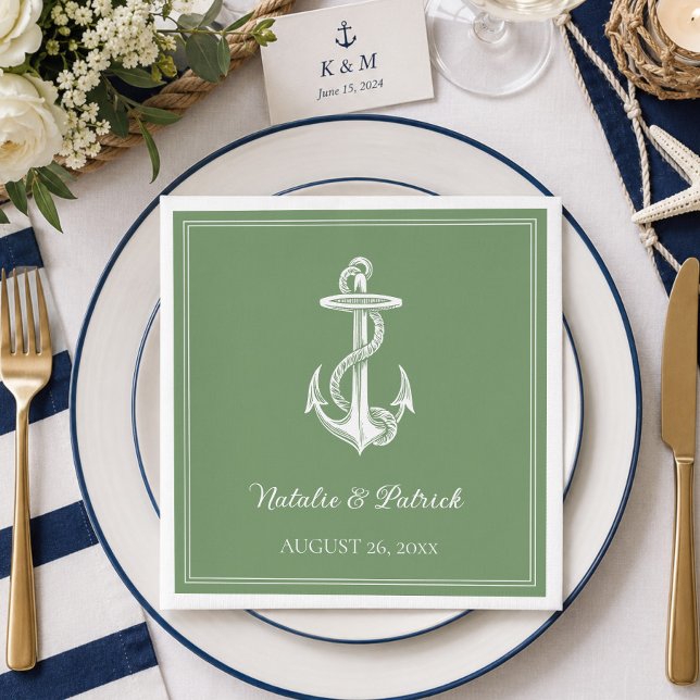 Serviettes en papier de mariage vert mousse avec a (Moss Green Nautical Anchor Wedding Napkins)