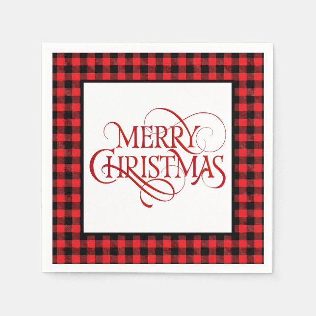 Serviettes en papier de Noël rouge et noir à carre (Devant)
