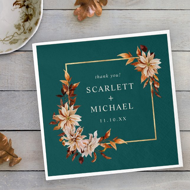 Serviettes en papier feuilles d'automne sarcelle (Elegant Copper Teal Fall Leaves Floral Napkins by Painted Paperie
)