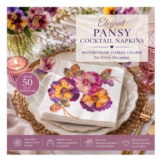 Serviettes en papier floral Pensées (Lot de 50) (Elegant watercolor pansy napkins for weddings, garden parties, birthdays, and high tea tables.)