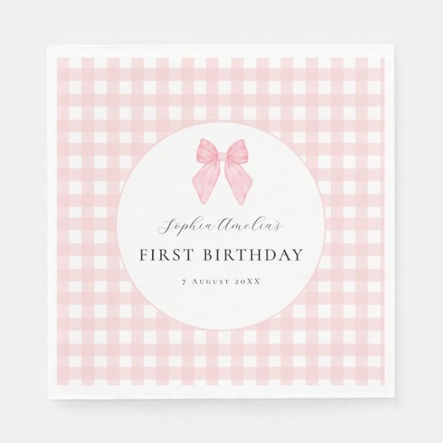 Serviettes en papier Gingham à ruban rose pour 1er (Devant)