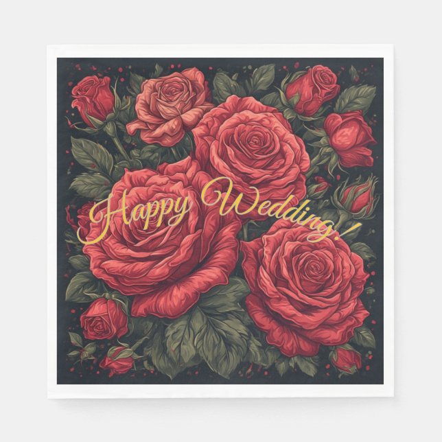 Serviettes en papier "Joyeux Mariage" Roses élégan (Devant)