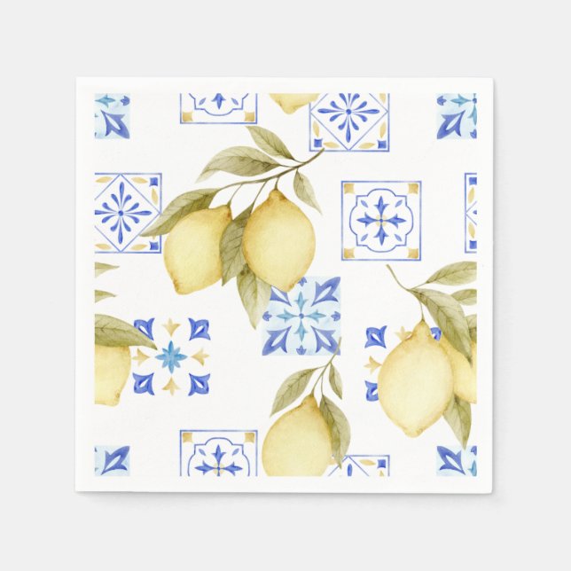 Serviettes en papier mariage Carreau Bleu & Citron (Devant)