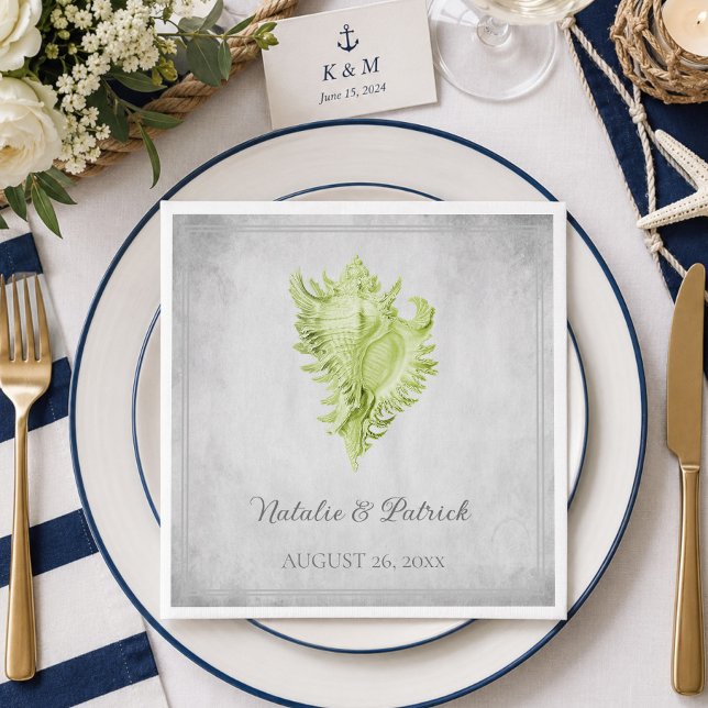 Serviettes en papier mariage Coquille de Conque Ve (Green Conch Shell Wedding Paper Napkins)