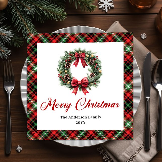 Serviettes en papier motif couronne de Noël rustiq (Rustic Christmas Wreath Napkins Red Green Pattern)