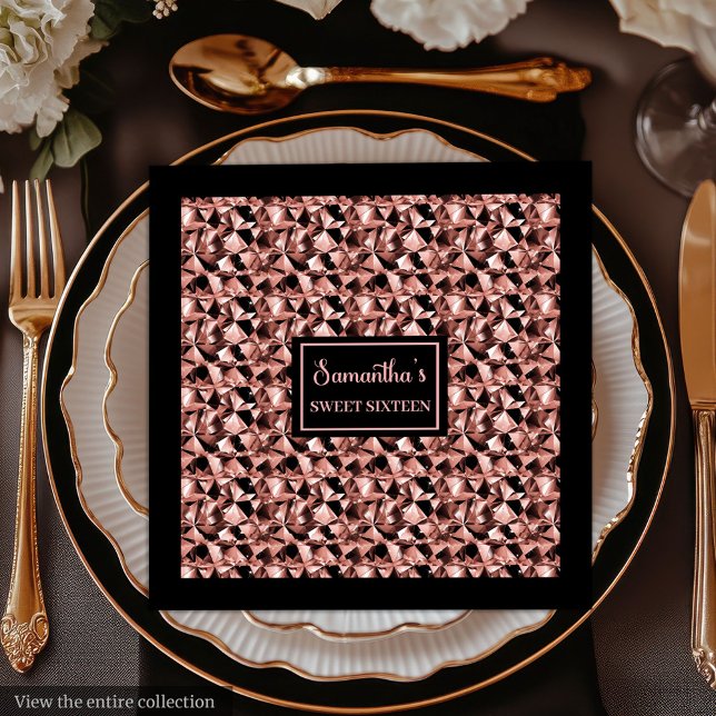 Serviettes en papier Or Rose et Noir Élégant embal (Rose Gold and Black Napkins Elegant Party Wrap)