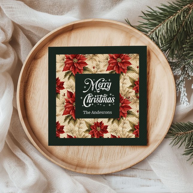 Serviettes en papier Poinsettia rouge aspect rusti (Red Poinsettia Paper Napkins Rustic Holiday Look)