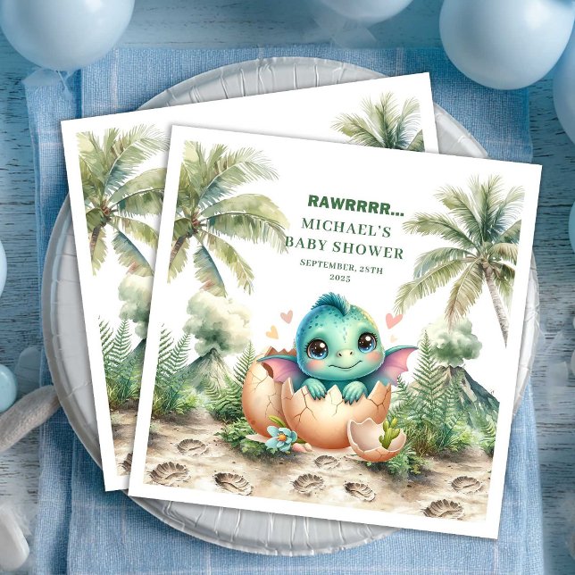 Serviettes en papier pour Baby Shower Douce Bébé D (Sweet Dino Baby Shower Hatching Soon Name Napkins)