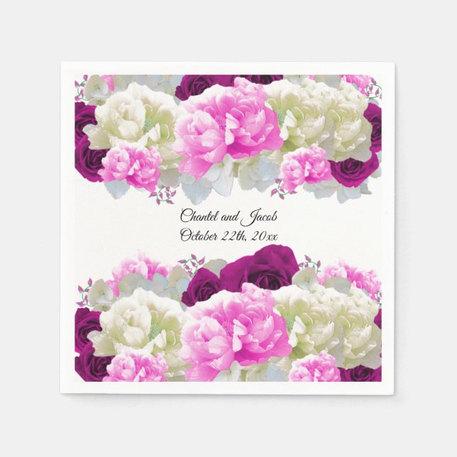 Serviettes en papier pour mariage aux roses roses  (Devant)