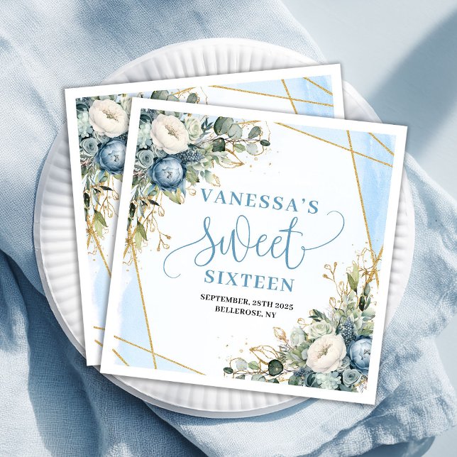 Serviettes en papier pour Sweet 16 avec cadre doré (Modern Sweet 16th Eucalyptus Gold Frame Paper Napkins)