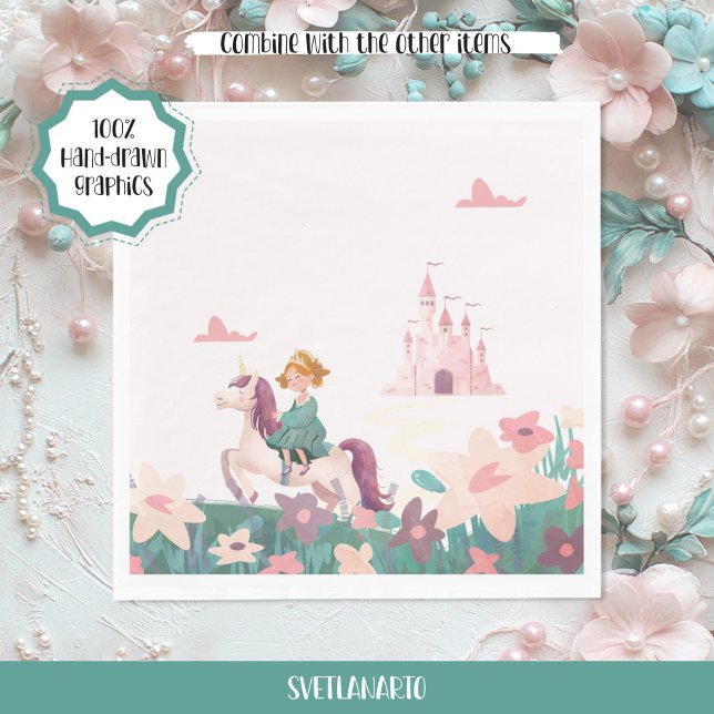 Serviettes en papier Princesse chevauchant une lic (Frontal view)