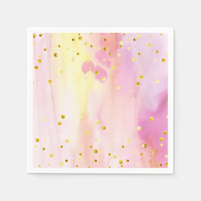Serviettes en papier rose à confettis dorés aquare (Devant)