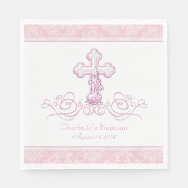 Serviettes en papier rose damassé avec croix pour  (Devant)