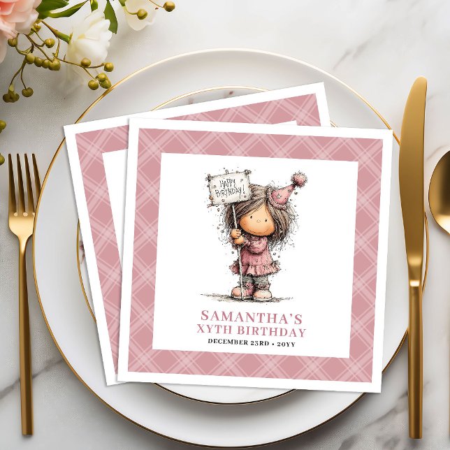 Serviettes en papier rose drôles et originales pou (Girls 7th Birthday Party Funny Quirky Pink Napkins)
