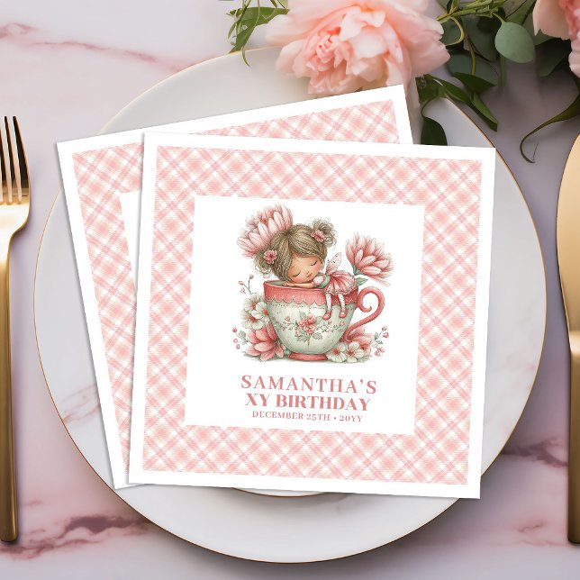 Serviettes en papier rose floral blush pour le 1er (Fairy Girl 1st Birthday Blush Floral Pink napkins)