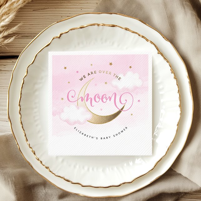 Serviettes en papier rose Over the Moon (Pink Over the Moon Baby Shower Paper Napkins)