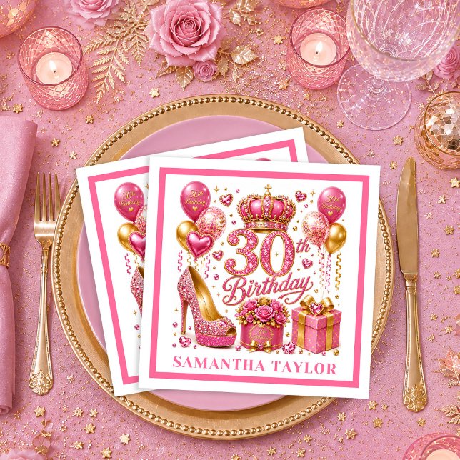 Serviettes en papier rose pailleté rose chaud Conf (Pink Glitter Hot Pink Confetti 30th Birthday Napkins

)