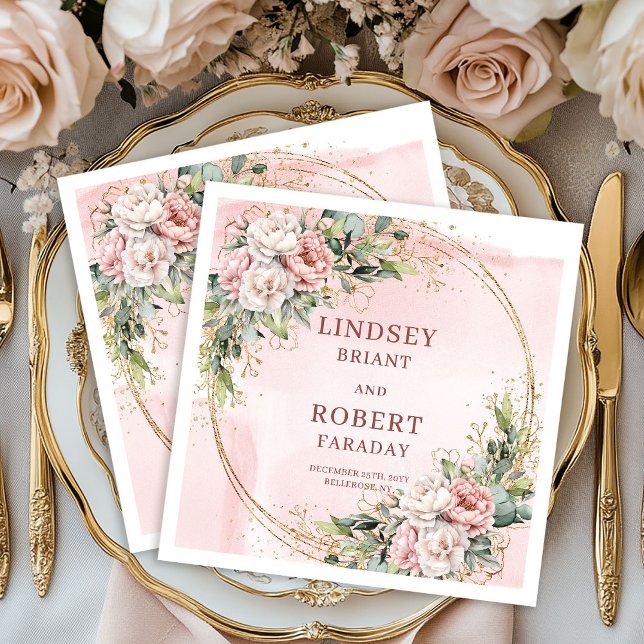 Serviettes en papier rose poudré romantique avec f (Romantic Dusty Pink Greenery Wedding Paper Napkins)
