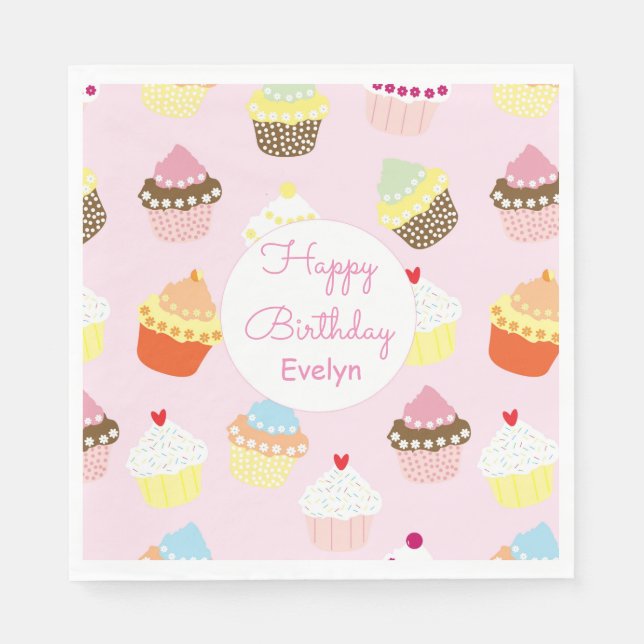 Serviettes en papier rose pour anniversaire Cupcak (Devant)