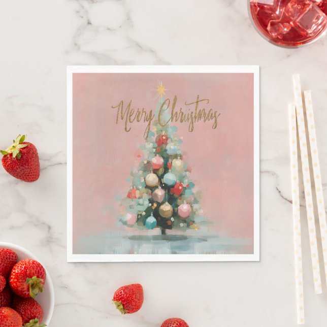 Serviettes en papier rose velours arbre de Noël (En situation)
