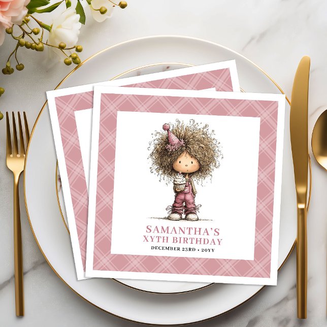Serviettes en papier roses pour fille rigolotes et (10th Birthday Funny Whimsy Curly Girl Pink Napkins)