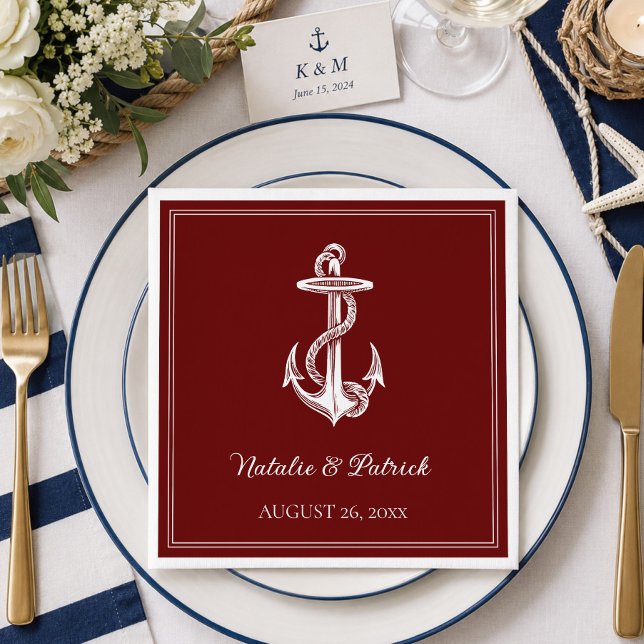 Serviettes en papier rouges pour mariage à thème n (Red Nautical Anchor Wedding Paper Napkins)