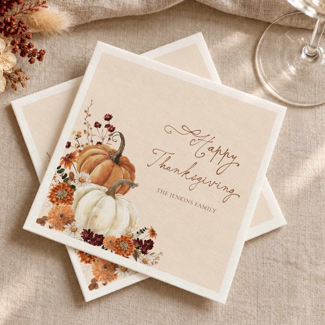 Serviettes en papier rustiques pour Thanksgiving F (Happy Thanksgiving Pumpkins and Fall Florals Paper Napkins)