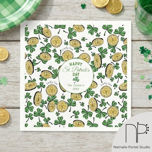 Serviettes en papier Saint-Patrick trèfle lutin (hand-drawn fine-line st patricks day napkins with shamrocks coins and leprechaun hats)