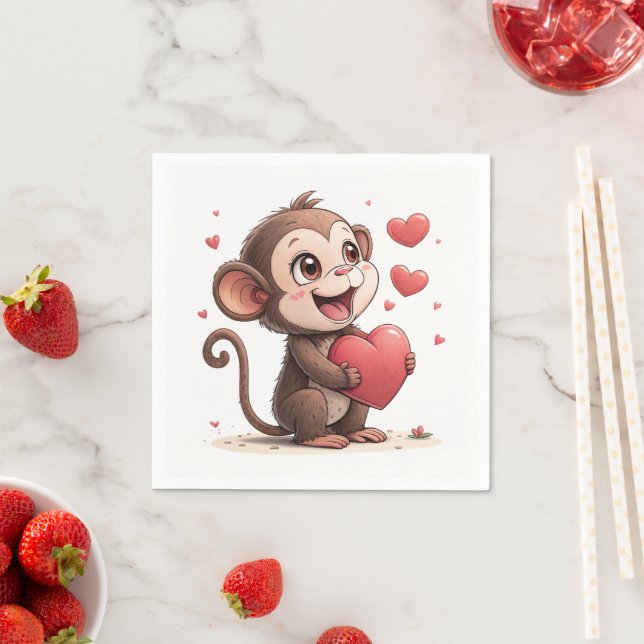 Serviettes en papier Saint-Valentin Singe Cœurs Ro (En situation)