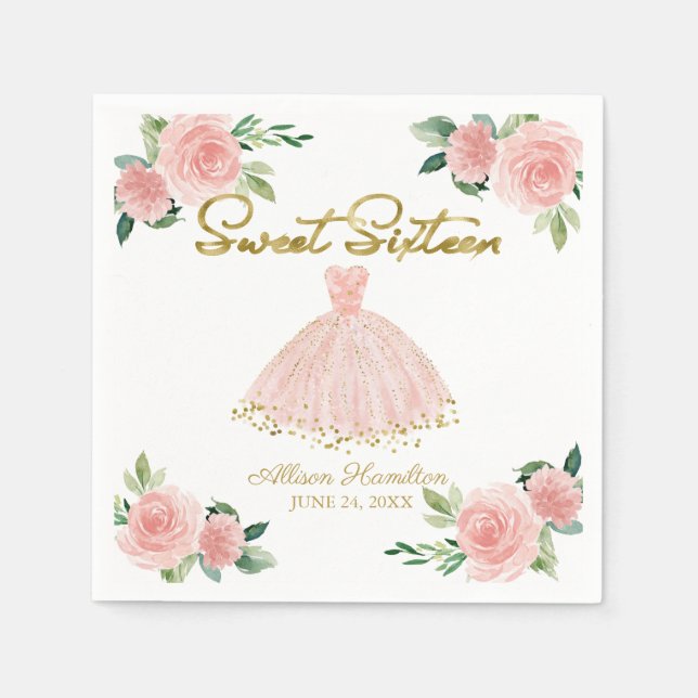 Serviettes en papier Sweet 16 Robe rose Floral blu (Devant)
